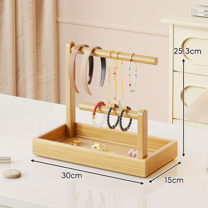 Multi-Level Wooden Jewelry Organizer Stand with Tray and Rod Display
