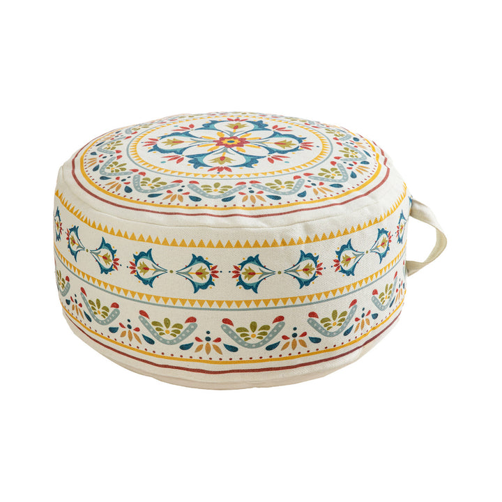 Round seat pouf with woven cotton cover and ethnic mandala print Kalsten