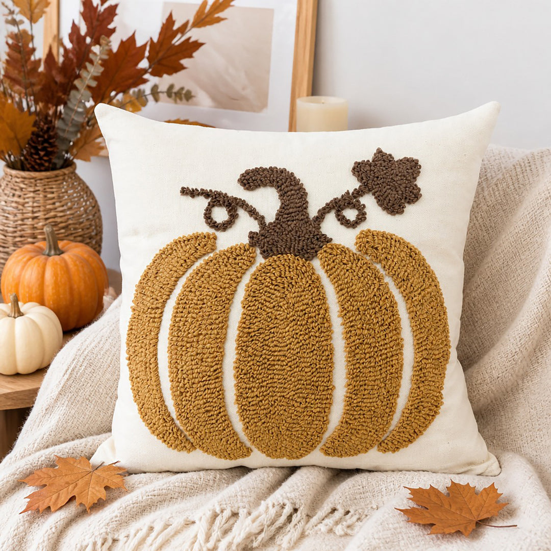 Seasonal Tufted Pumpkin Accent Pillow Cover with Chenille Loop Embroidery