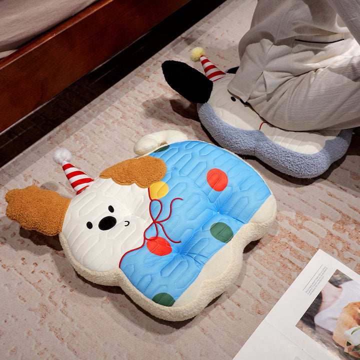 Padded plush dog-shaped cushion with ergonomic seating recess