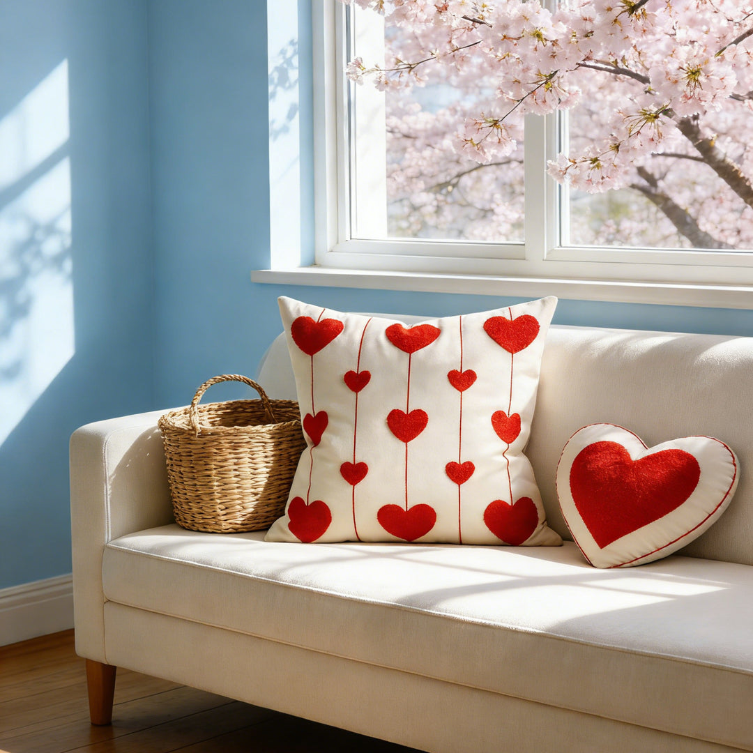 Heart-Pattern Tufted Cotton-Linen Decorative Throw Pillow Cover with Hidden Zipper