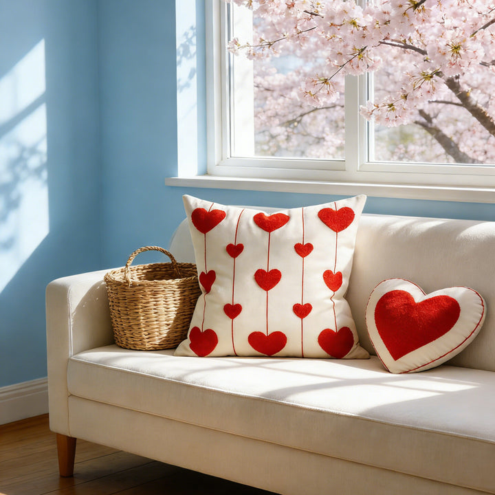 Heart-Pattern Tufted Cotton-Linen Decorative Throw Pillow Cover with Hidden Zipper