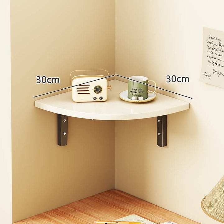 Corner Floating Wall Shelf with Curved Triangular Wooden Top and Heavy-Duty Metal Brackets