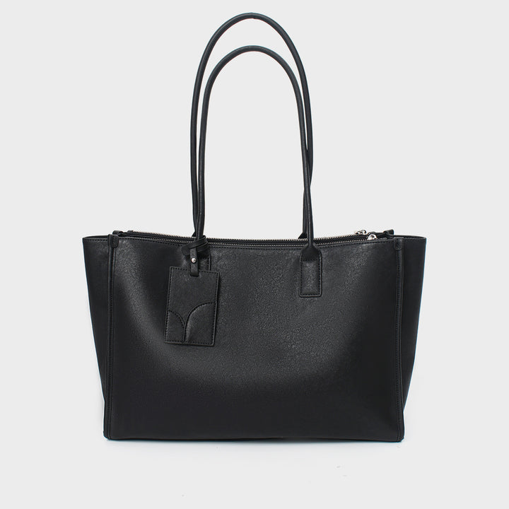 Smooth Vegan Leather Structured Top-Zip Tote with Double Rolled Handles and Luggage Tag