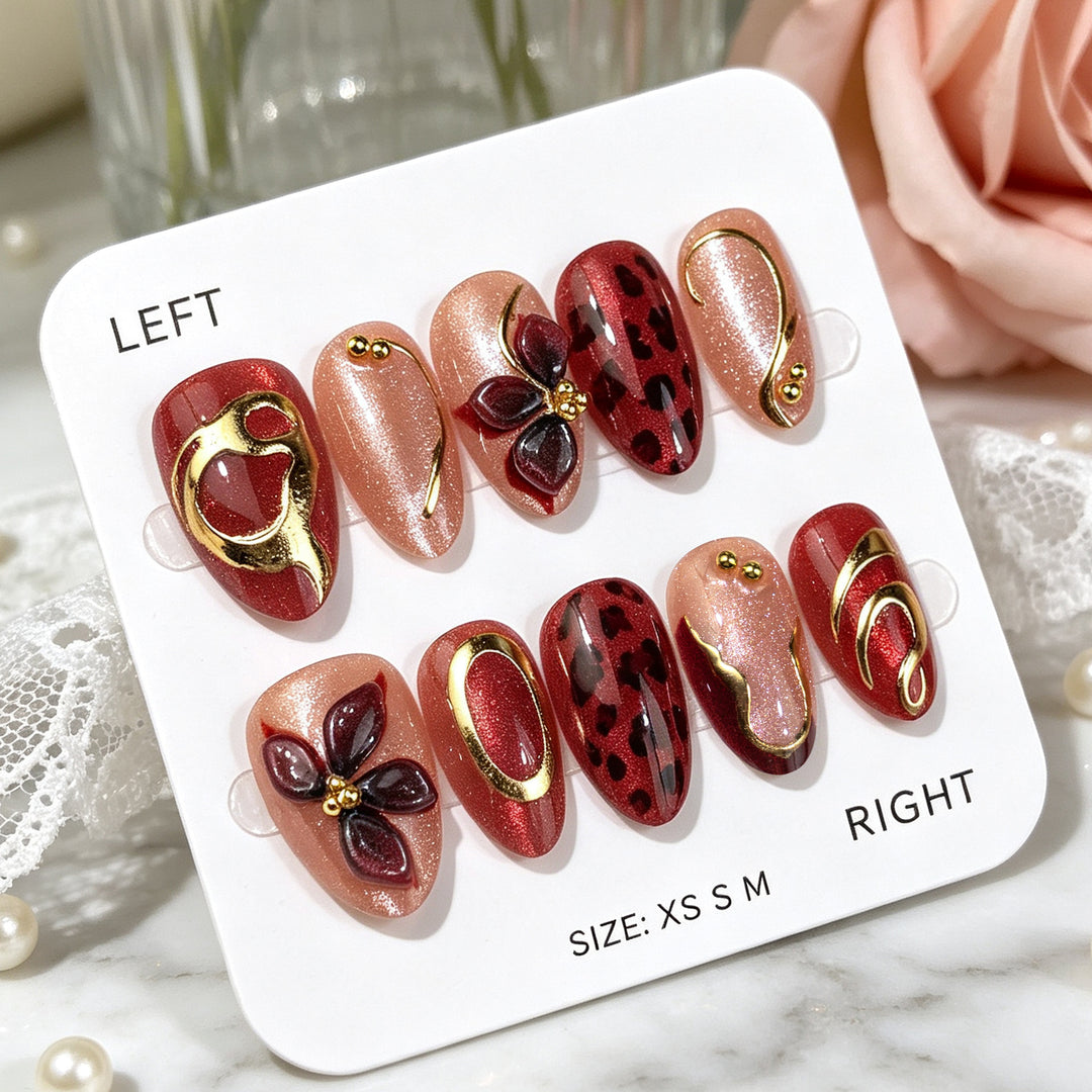 Artistic Press-On Nail Set with Floral and Metallic Accents