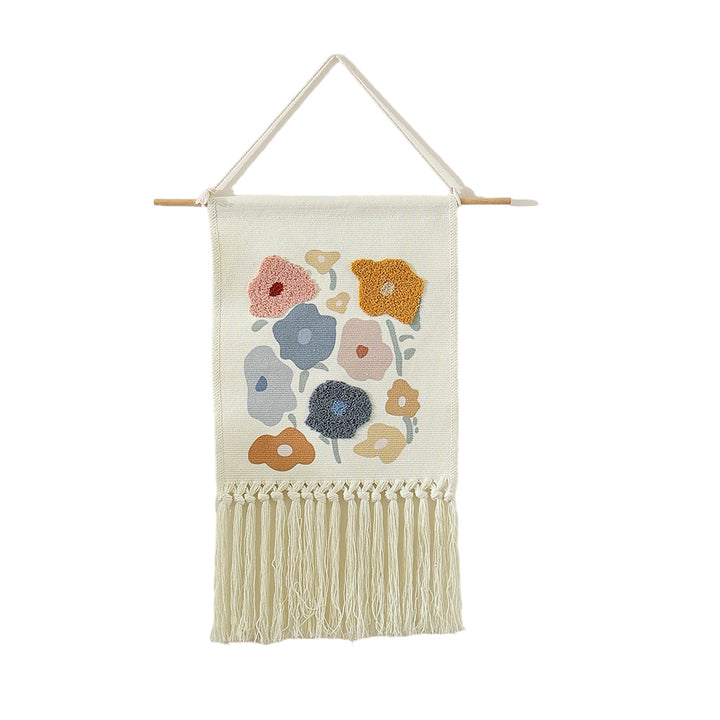 Boho Wall Hanging with Woven Flower Tufting and Macrame Fringes