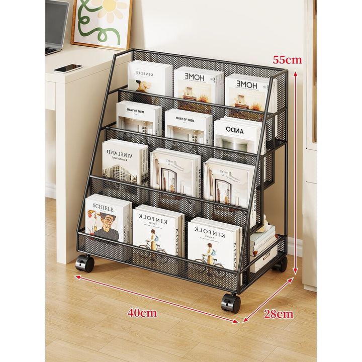 Angled Mesh Rolling Magazine and Book Display Shelf with Locking Casters