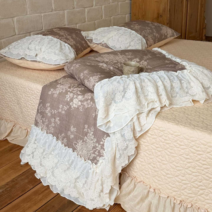 Padded bedspread set with multilayer lace trim and floral woven texture
