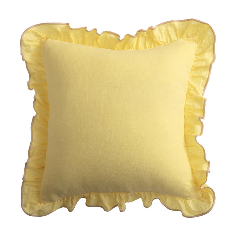Square decorative pillow with ruffle and linen look