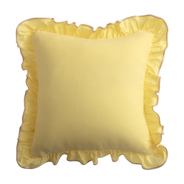 Square decorative pillow with ruffle and linen look