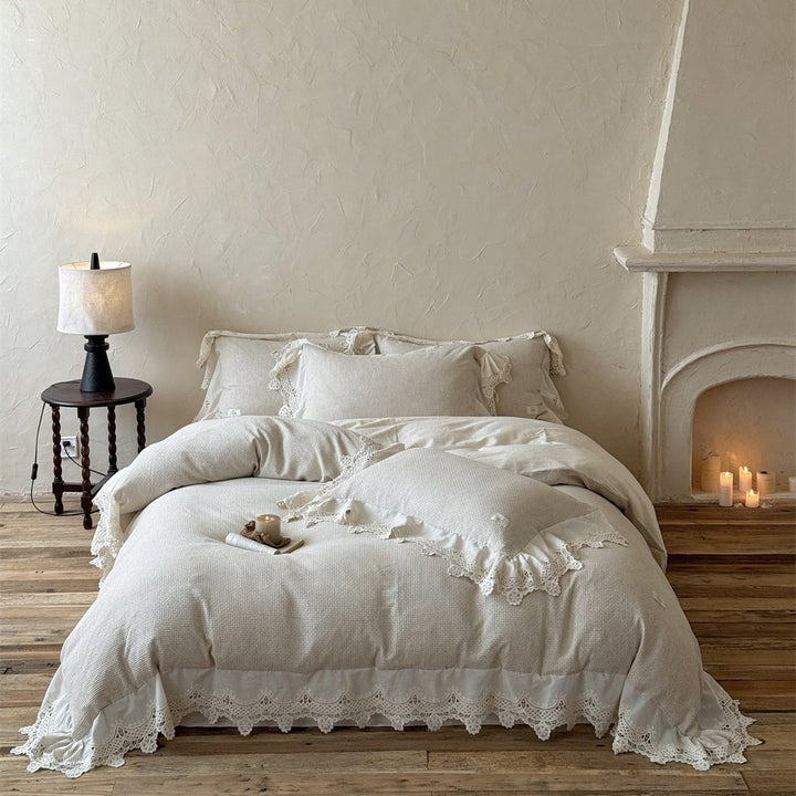 Romantic cotton-linen bedding set with crocheted lace trim and ruffle