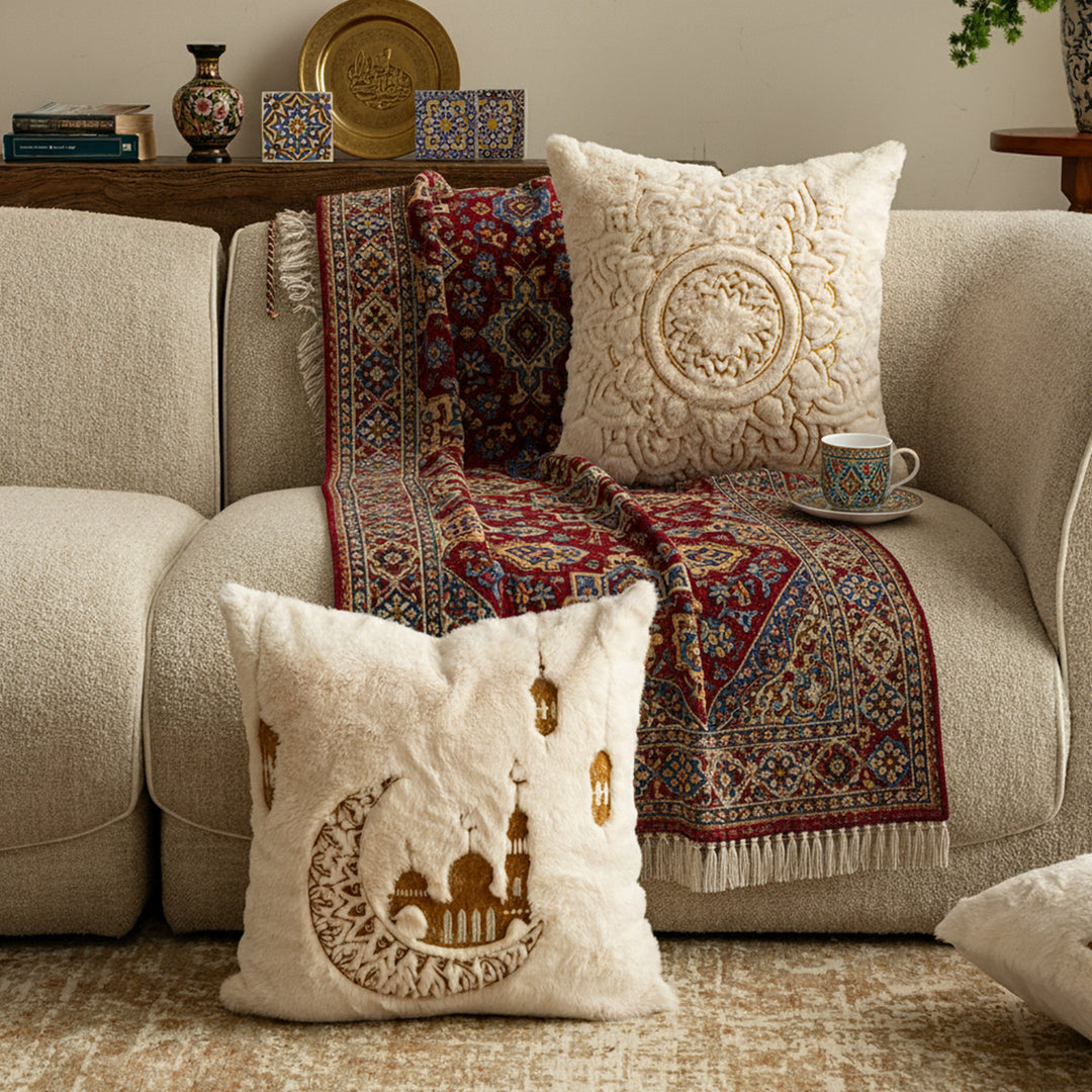 Square cushions made of micro plush with embossed mandala relief and concealed zipper