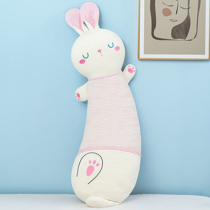 Oversized plush body pillow in bunny shape with ergonomic cuddle head