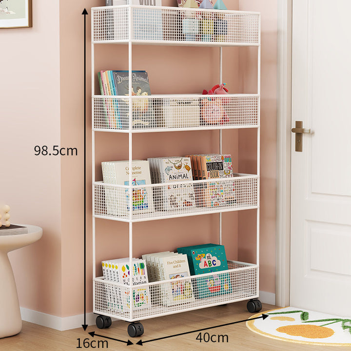 Industrial Metal Mesh Four-Tier Narrow Bookshelf Organizer