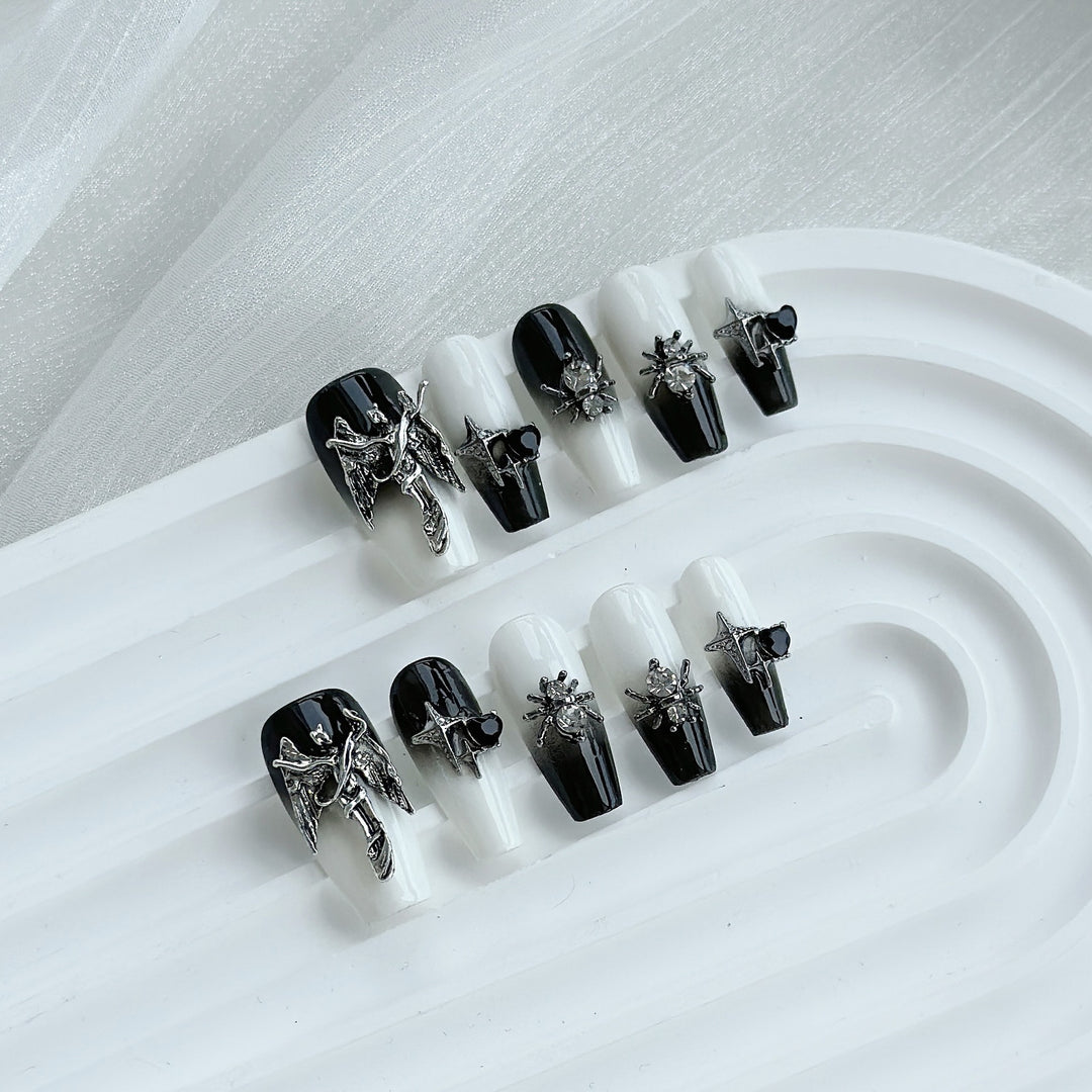 Artistic Press-On Nail Art Set with Gothic Charm