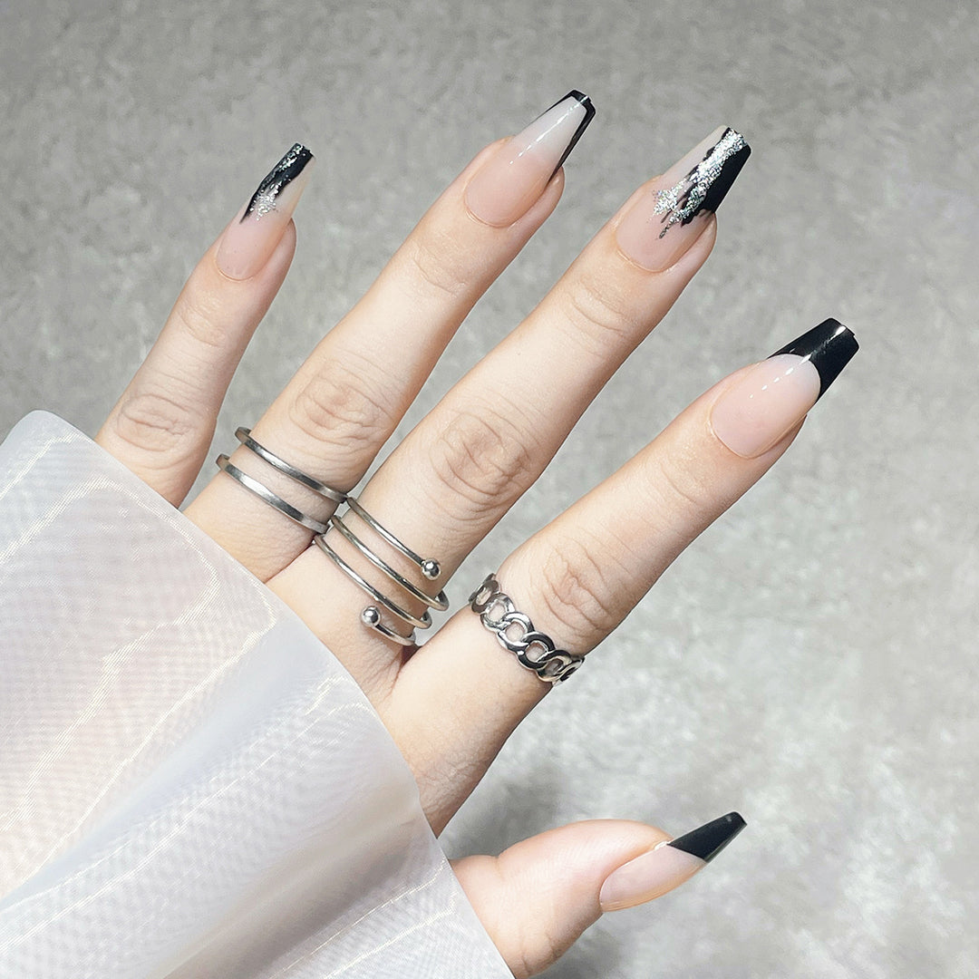 Elegant Stiletto Press-On Nails with Artistic Black Tips and Silver Accents Kalsten