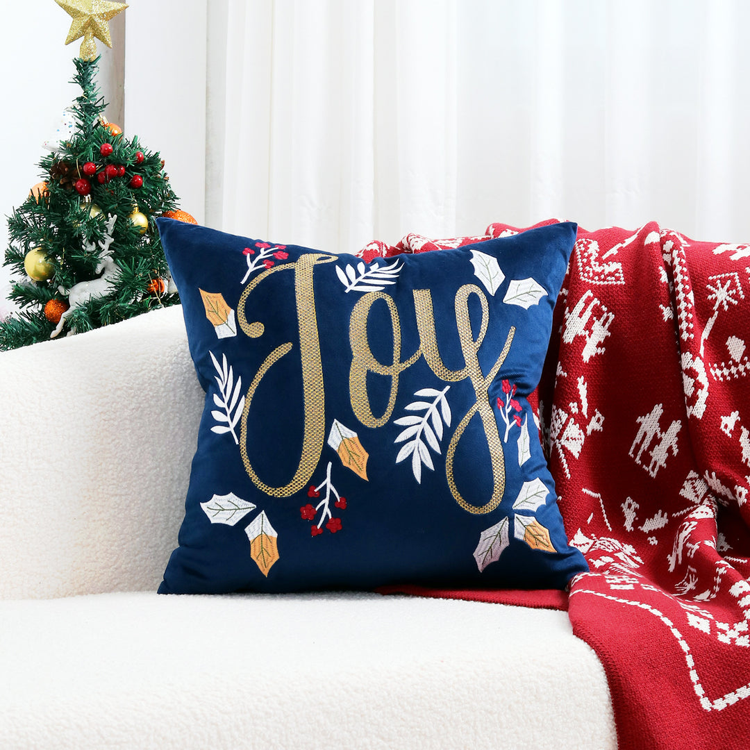 Velvet Embroidered Festive Accent Pillow Cover with Metallic Script