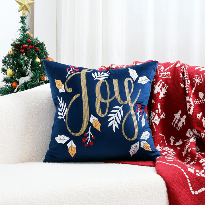 Velvet Embroidered Festive Accent Pillow Cover with Metallic Script