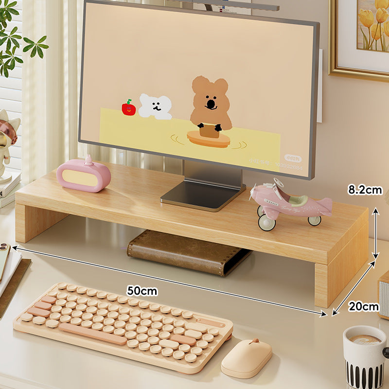 Wide Solid Wood Curved Desktop Monitor Stand Riser with Under-Shelf Storage