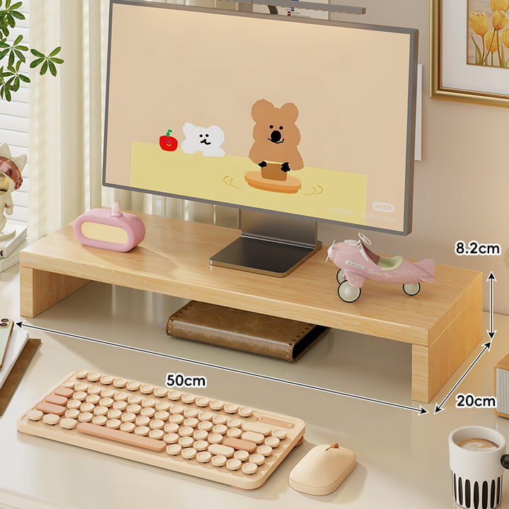 Wide Solid Wood Curved Desktop Monitor Stand Riser with Under-Shelf Storage