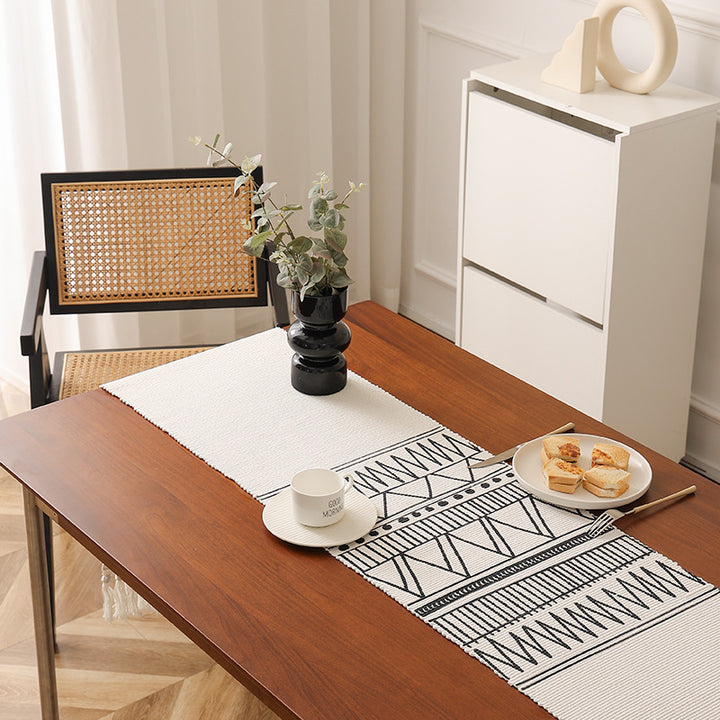 Woven Boho table runner with fringes and ethnic jacquard pattern