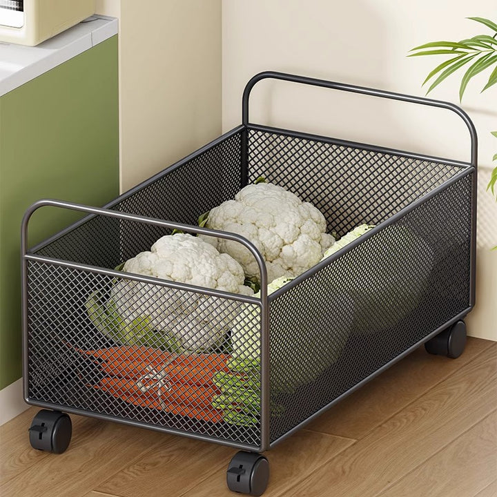 Ventilated Metal Mesh Pantry & Produce Rolling Storage Basket with Tall Handles