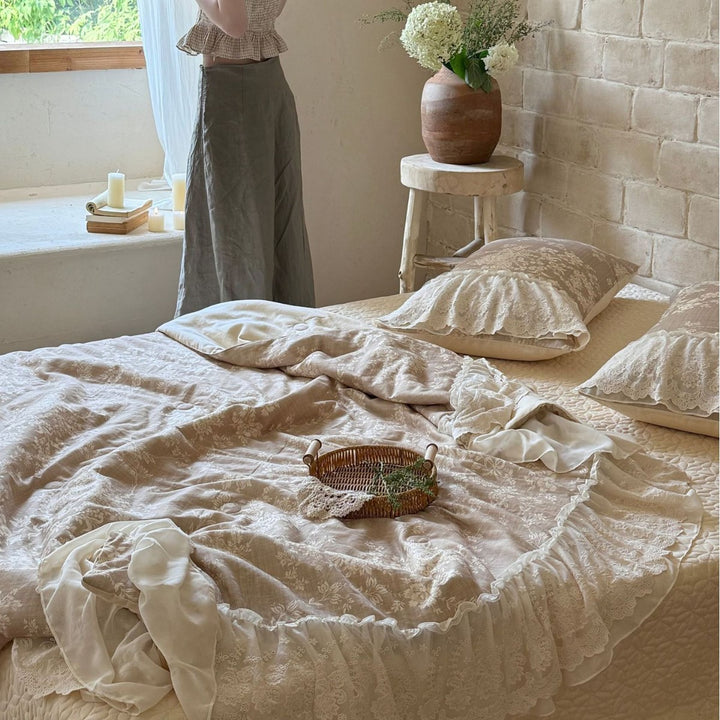 Padded bedspread set with multilayer lace trim and floral woven texture