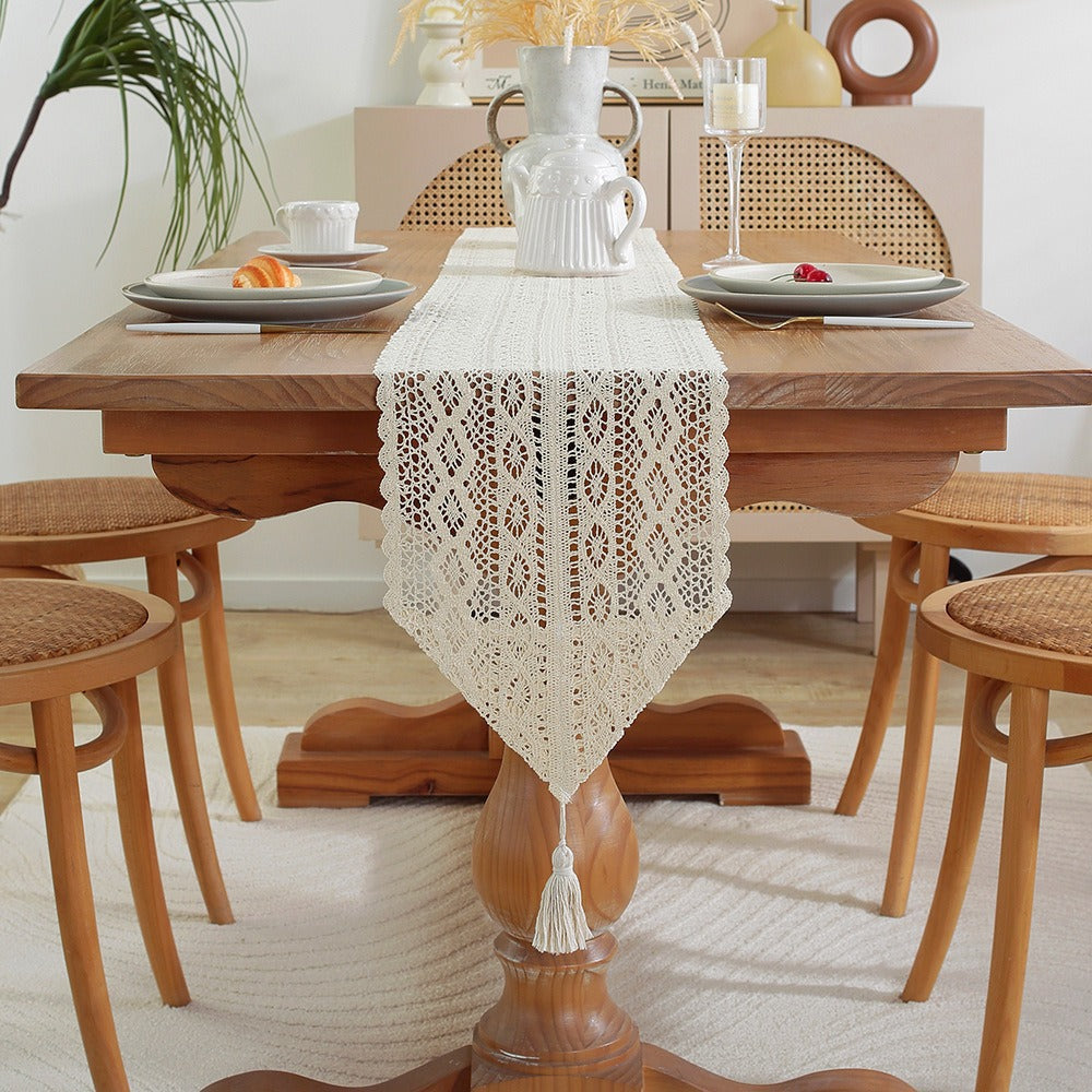 Handwoven Cotton Crochet Table Runner with Diamond Lace Pattern and Tassel Point