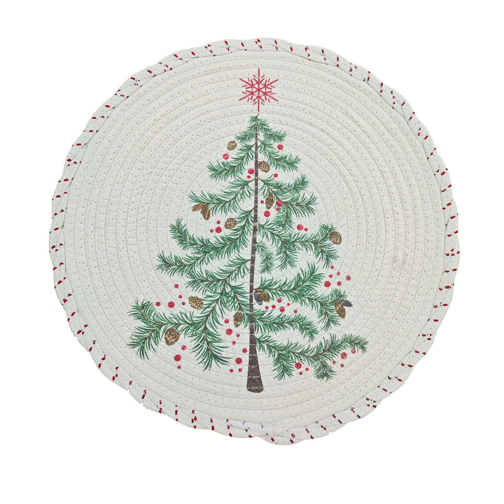 Round Christmas tree skirt made of woven cotton blend fabric with reindeer and pine branch motif