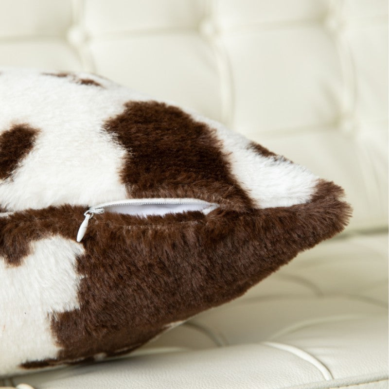 Decorative Throw Pillow with Faux Cowhide Fur Panel and Vegan Leather Accent