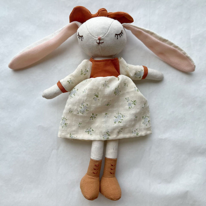 Handcrafted Linen Bunny Rag Doll with Long Ears and Gingham Dress