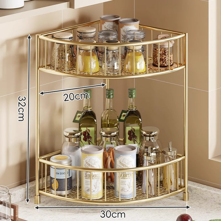 Three-Tier Rounded Corner Kitchen Storage Rack with Raised Rails and Mesh Shelves
