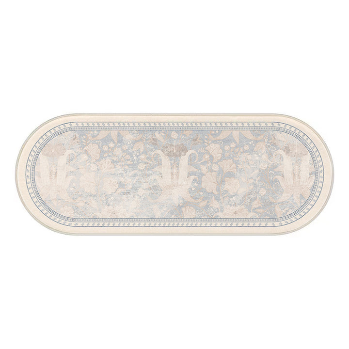 Oval Low-Pile Kitchen Runner Rug with Vintage Distressed Floral Jacquard and Non-Slip Backing