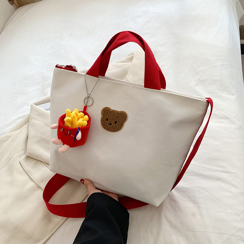 Casual Canvas Tote Bag with Cute Bear Applique