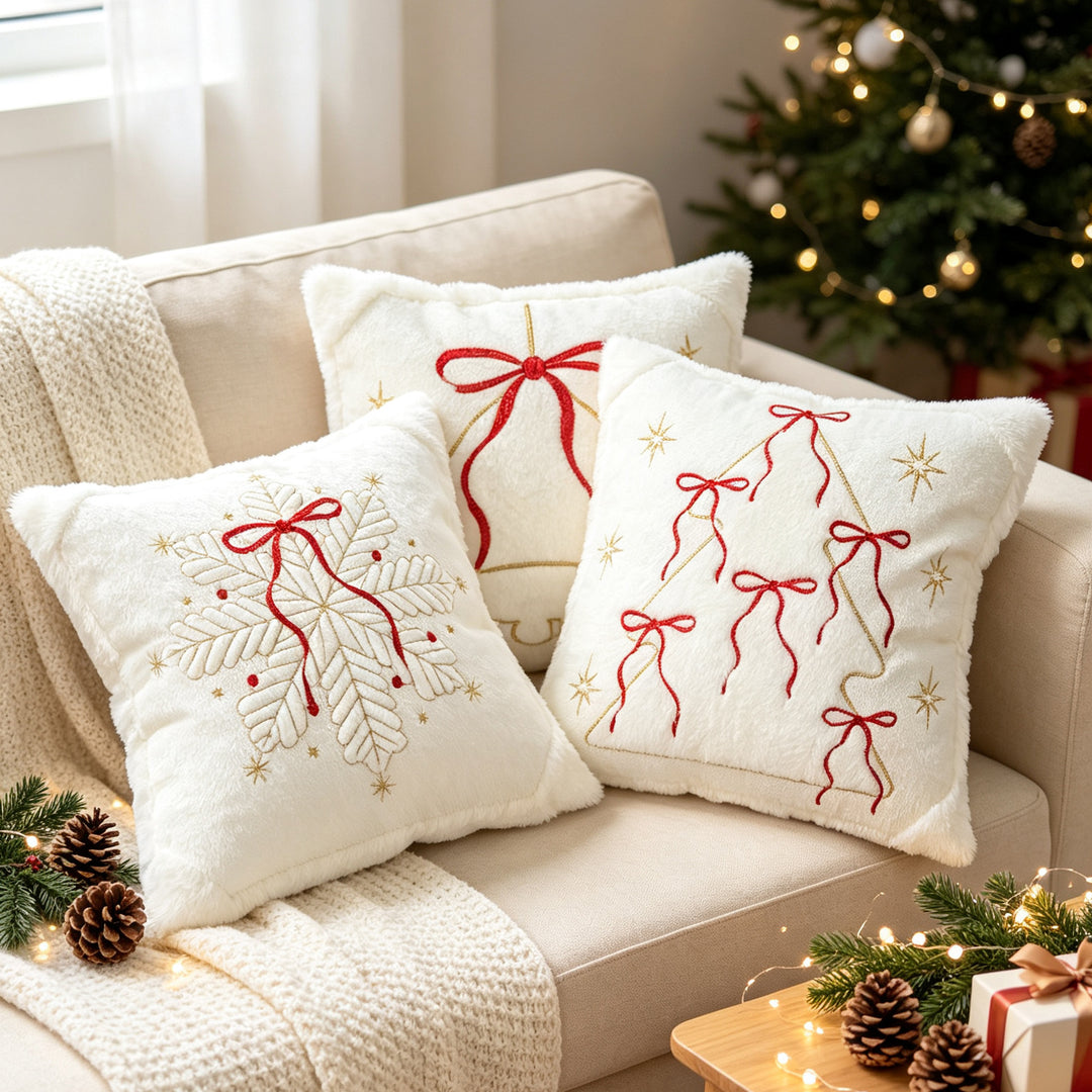 Festive Embroidered Faux-Fur Holiday Throw Pillow
