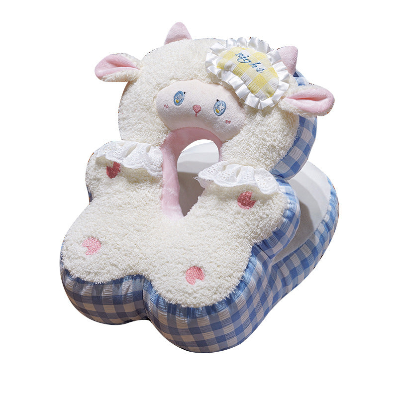 Shaped neck pillow with compact cuddly blanket