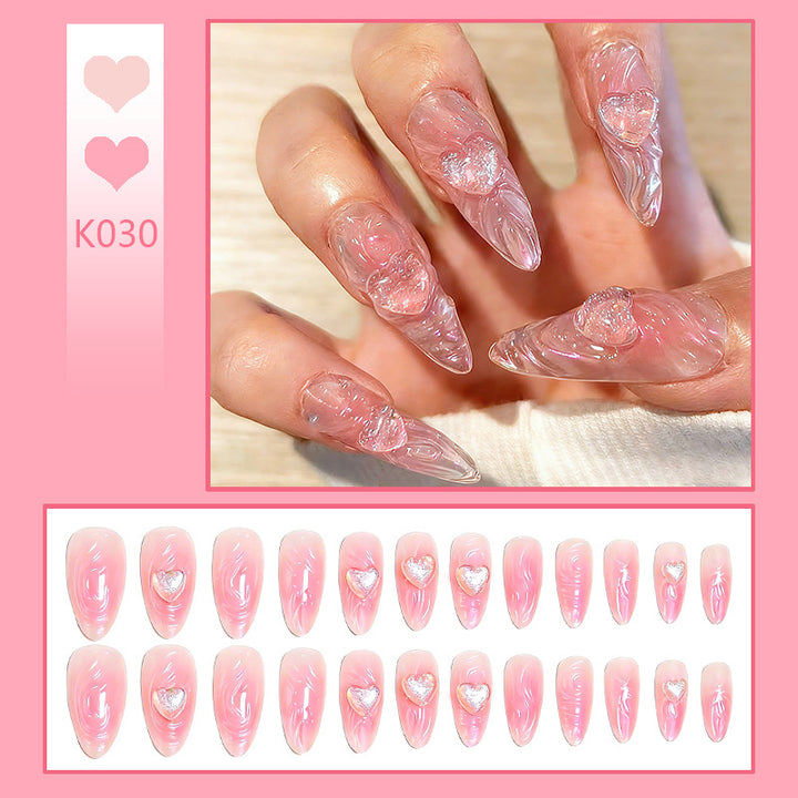 Artificial nail set with 3D heart decorations and shimmering accents Kalsten