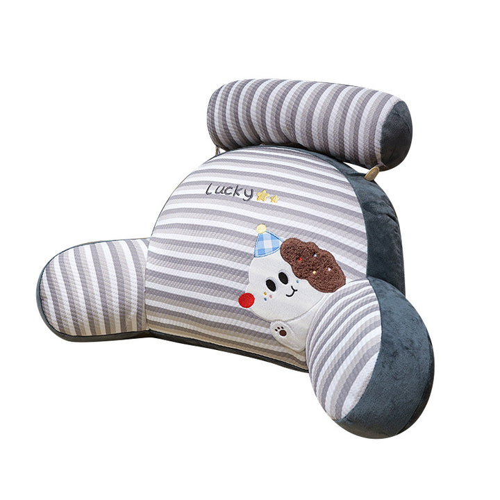 Ergonomic bed and reading pillow with neck roll, armrests and embroidered dog motif
