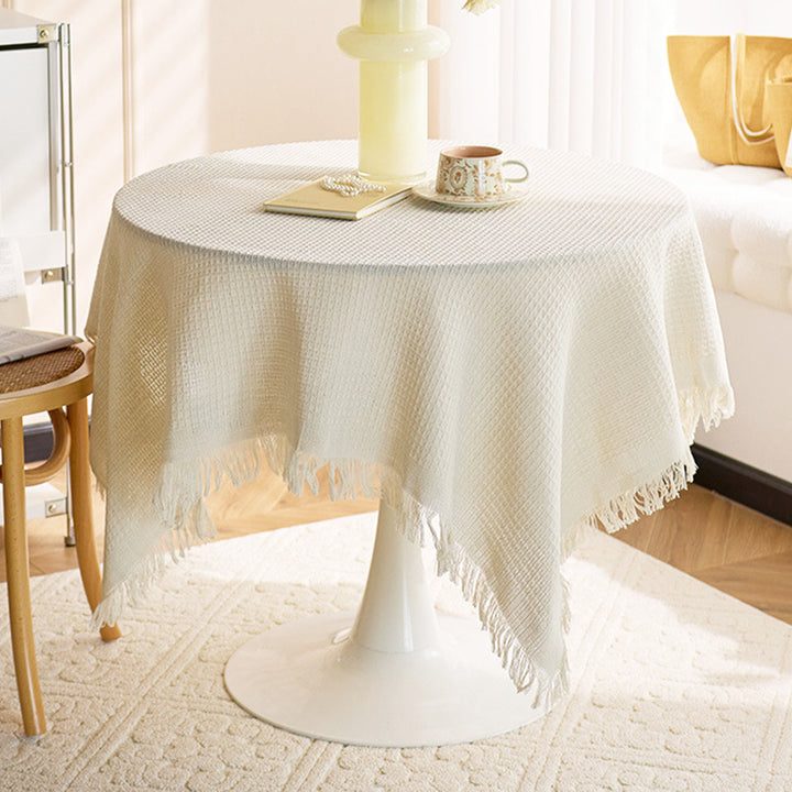 Round Textured Waffle-Weave Fringe Tablecloth with Tassel Edge