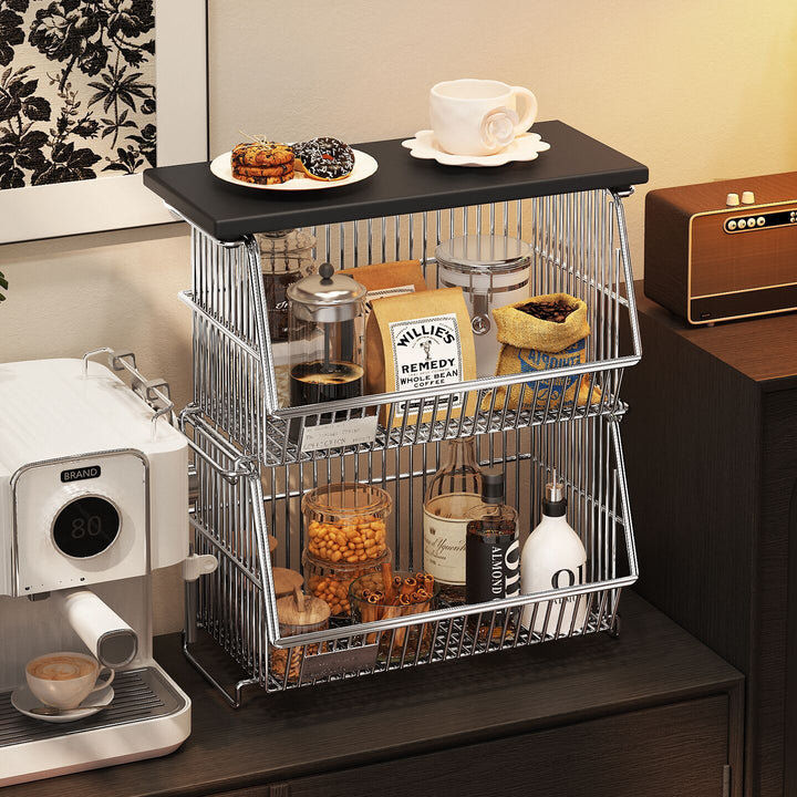 Mobile Four-Tier Kitchen Pantry Organizer Cart with Wood Top and Rolling Wire Baskets