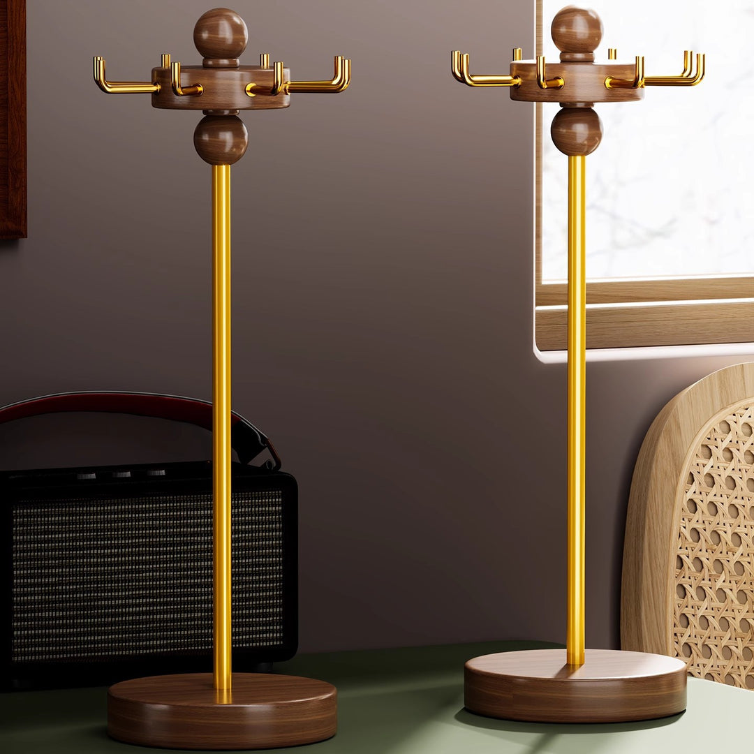 Wooden-Base Multi-Arm Jewelry Stand with Gold-Plated Hooks and Necklace Organizer