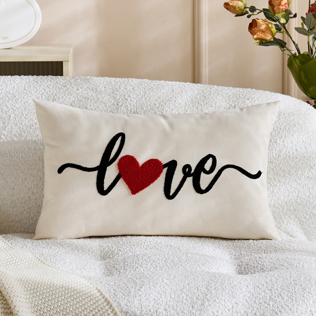 Embroidered Script Love Lumbar Pillow Cover with Tufted Heart
