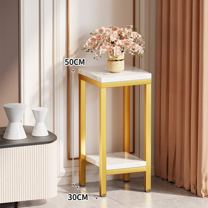 Tall Narrow Marble-Top Plant Stand Side Table with Lower Shelf and Gold Metal Frame