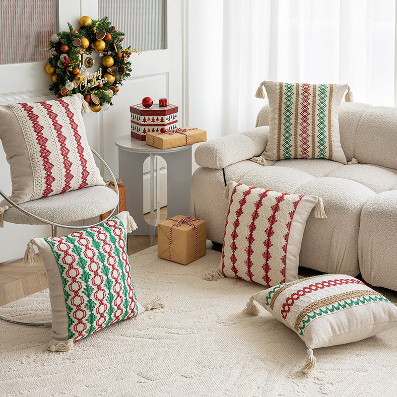 Square Handloom Cotton Accent Pillow with Vertical Embroidered Geometric Bands and Knotted Corner Tassels