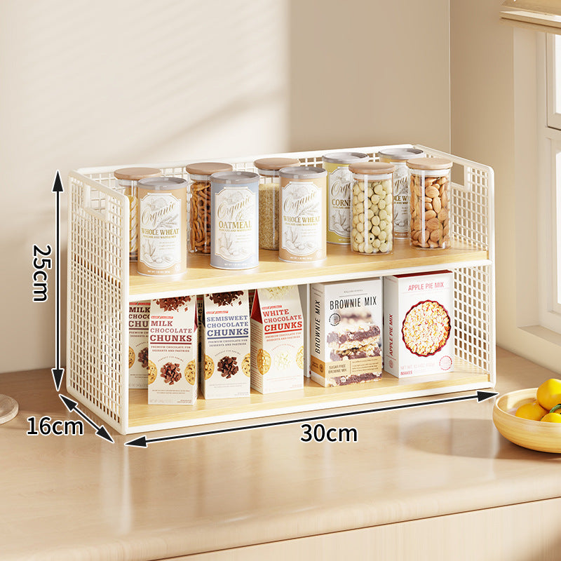 Multi-Tier Wire Mesh Countertop Pantry Organizer with Wood Shelves and Basket