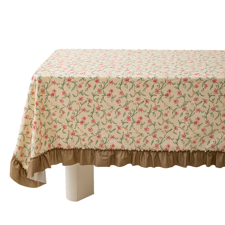 Rectangular tablecloth made of cotton blend fabric with fine floral print and gathered hem