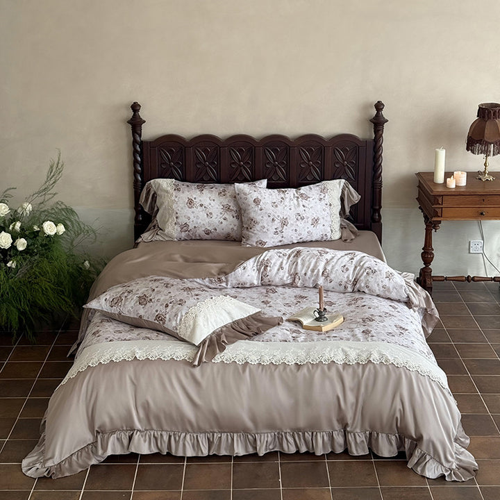 Elegant bedding set in vintage romantic style with lace applique, ruffle, and satin edging