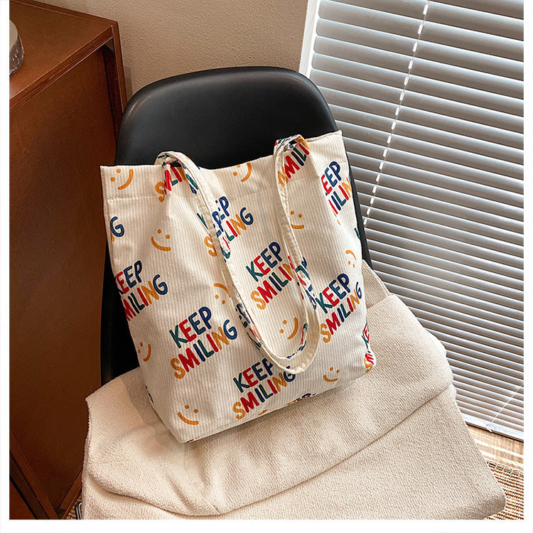 Smiley Face Patterned Canvas Tote Bag
