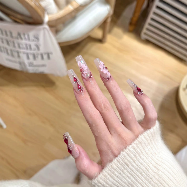 Floral-Themed Press-On Nail Set with Gemstone Accents Kalsten
