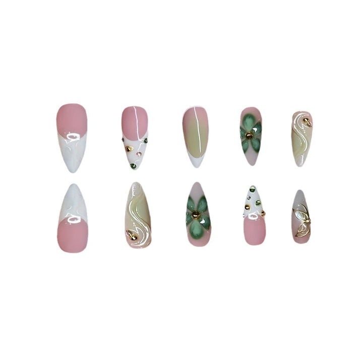 Artistic Press-On Nail Design with Floral Elements Kalsten